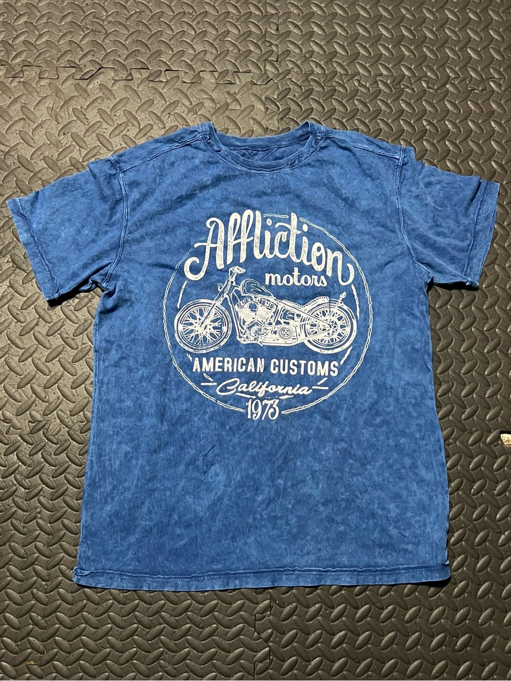 Affliction Blue Tee with White American Customs Emblem